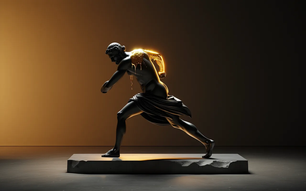 Molten-gold figure forging an artifact at a Greek-revival forge