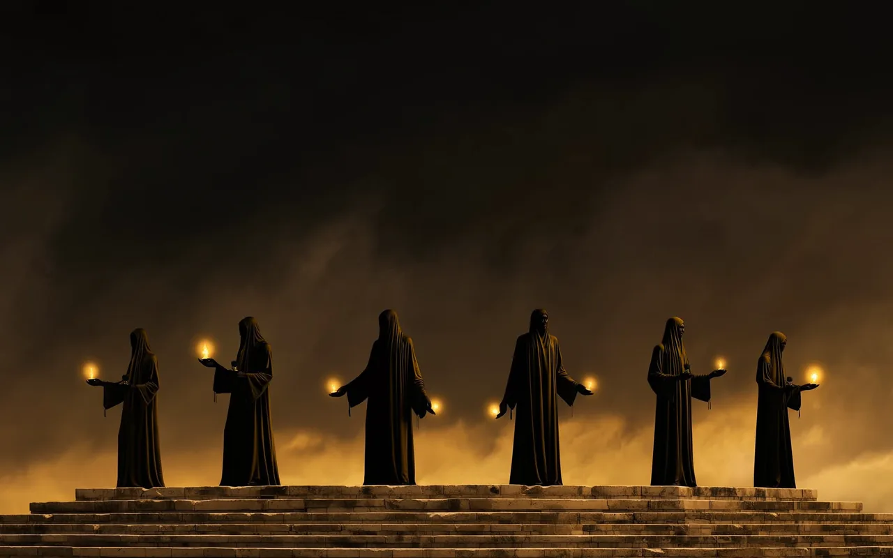 Robed figures on stone steps, each holding a small glowing object, arranged like a constellation