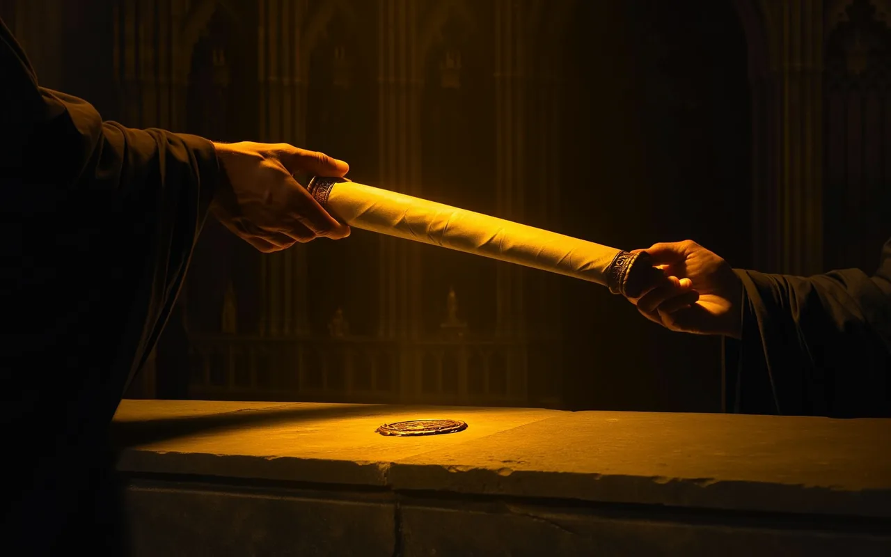 A sealed scroll being handed across a stone threshold, with a glowing gold wax seal